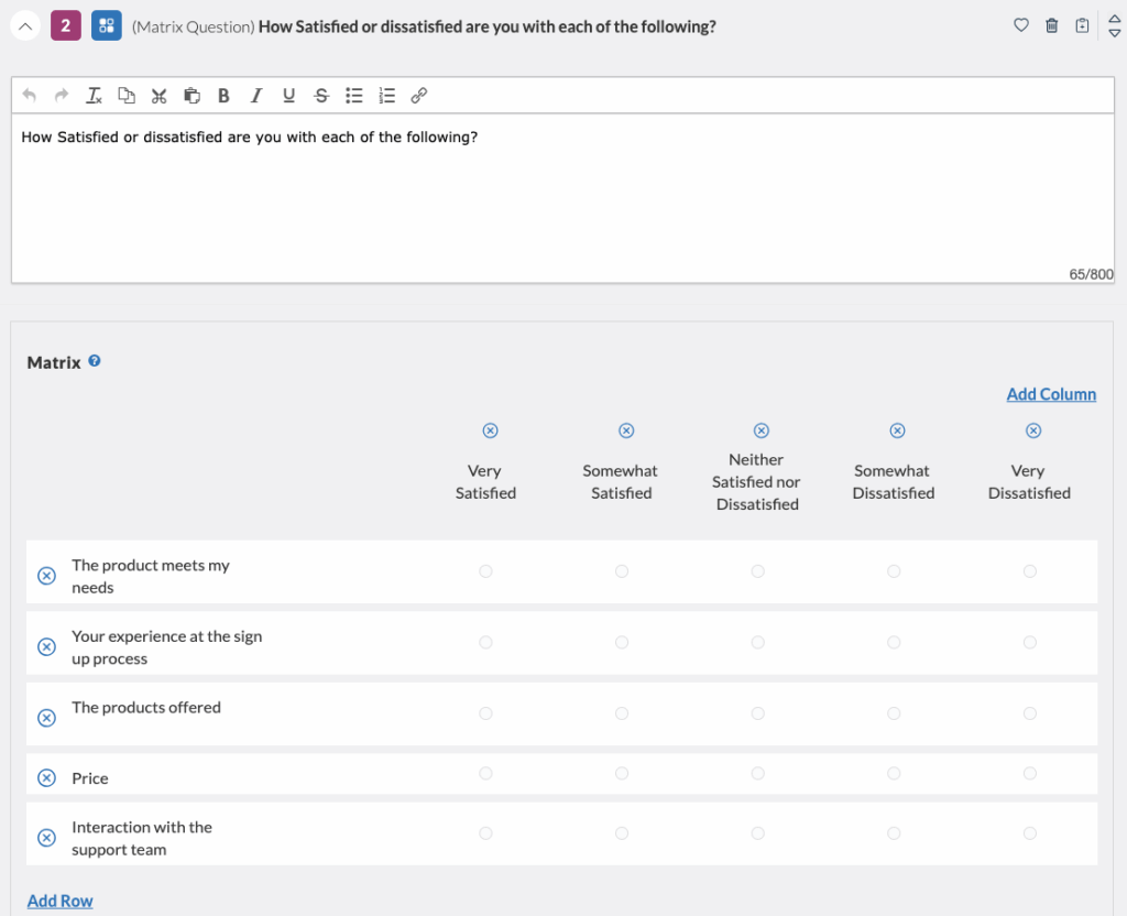 Userlytics Study Builder - Matrix Questions