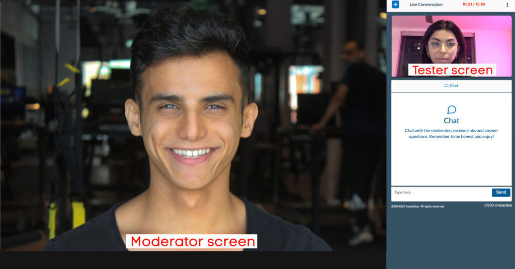 Live Conversation Guide for Testers - tester and moderator screen example