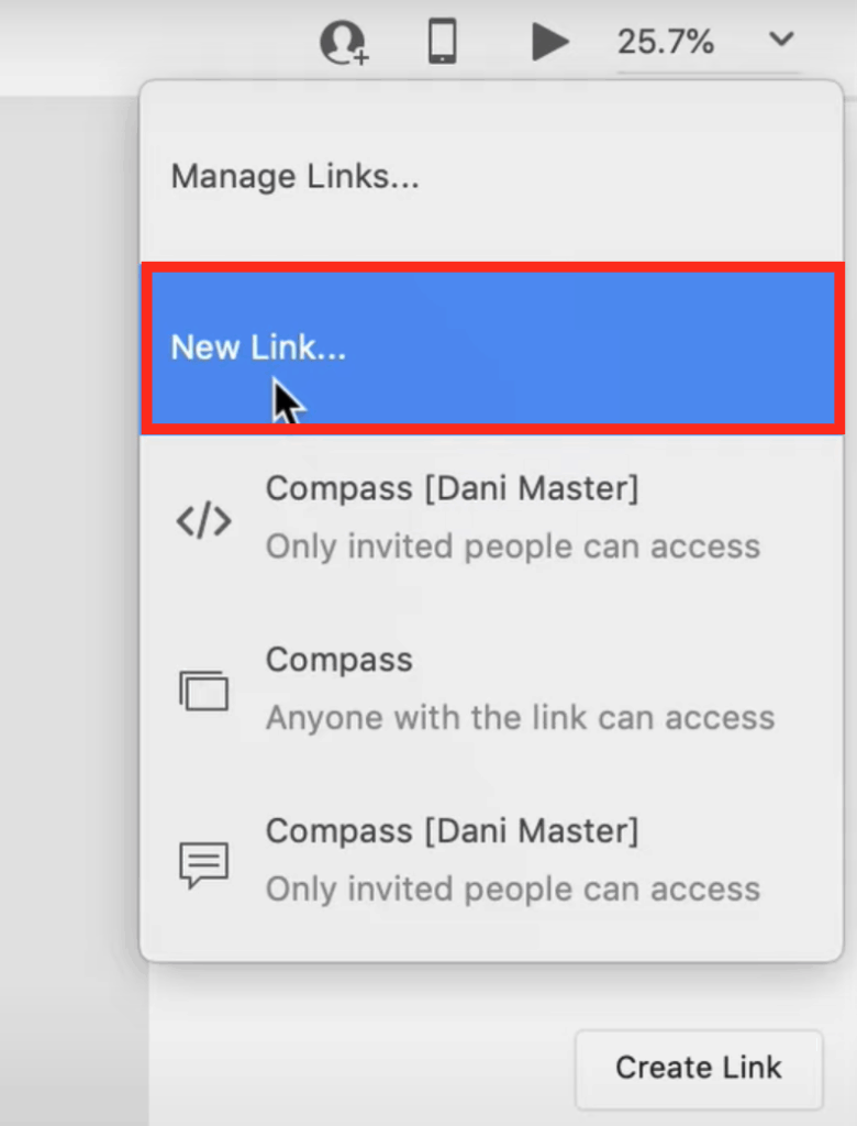 Prototypes Compatible with Userlytics - Select New Link on Adobe XD