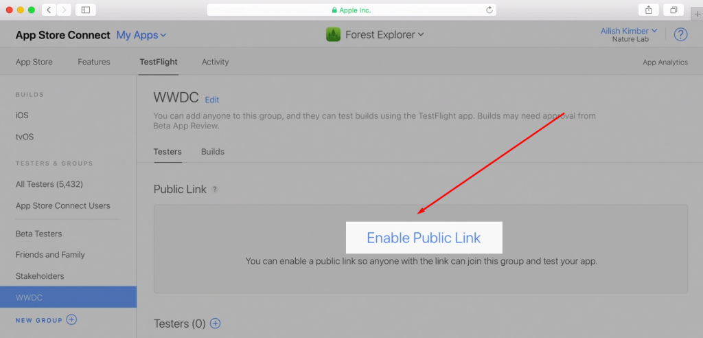 App Store Connect - Enable Public Link