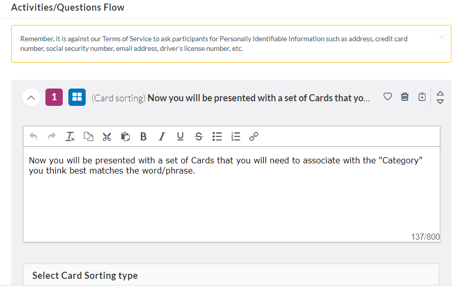 Userlytics Card Sorting - Activities/Questions flow