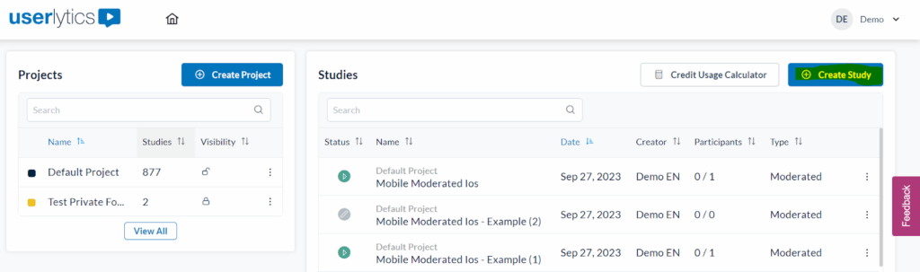 Userlytics platform - create a new study