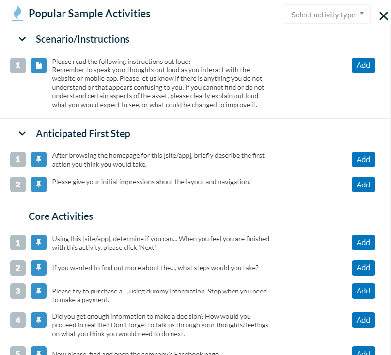 Userlytics platform - popular sample activities