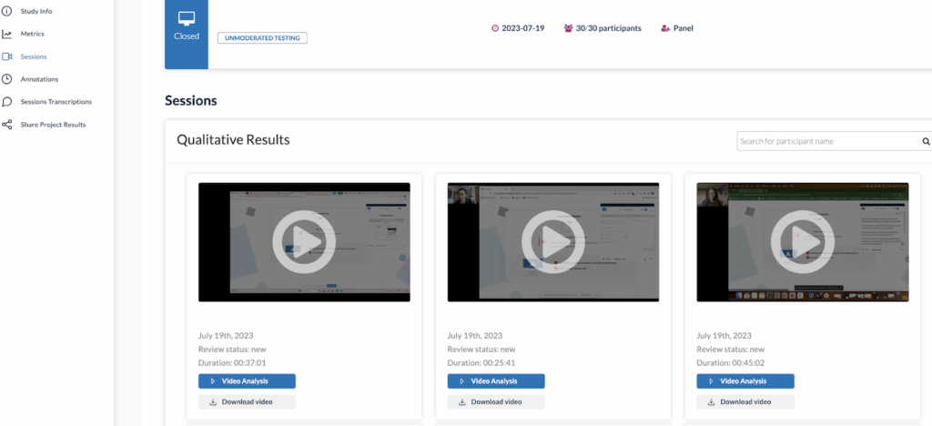 Userlytics - How to Create and Share Test Annotations - sessions view