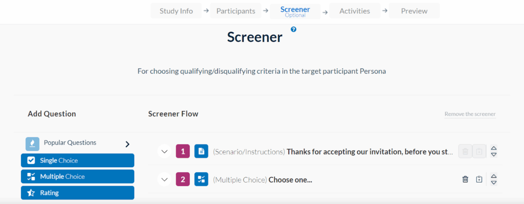 Userlytics platform - screener section