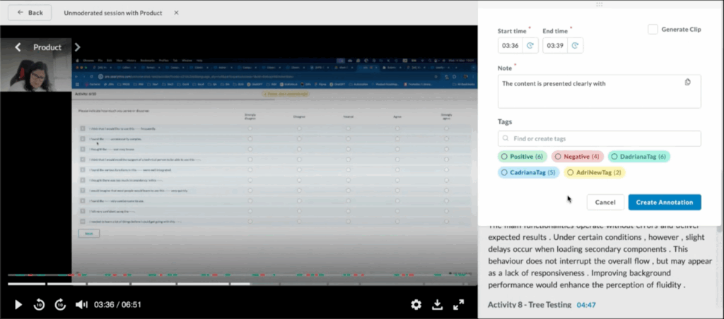 Userlytics - Video Analysis Tool - create an annotation directly from the selected text
