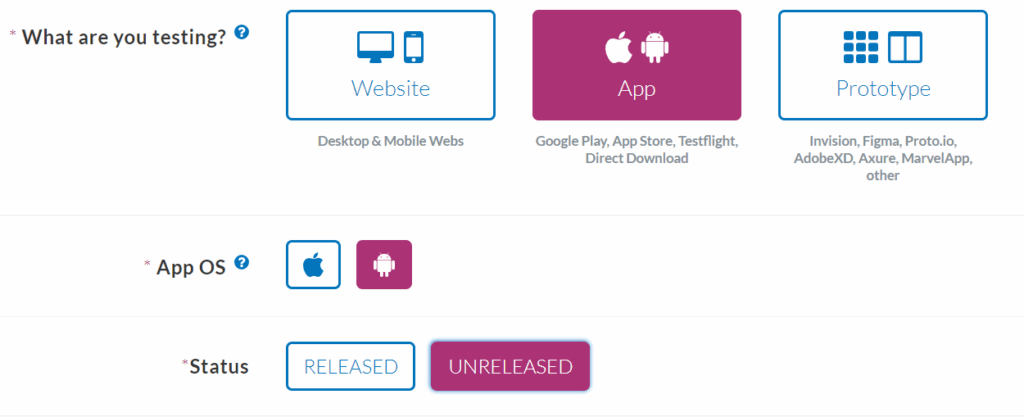 Userlytics platform - selecting App testing