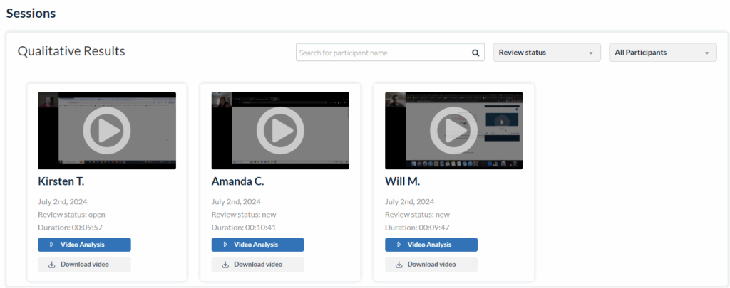 Userlytics Sentiment Analysis - Select the session to transcribe.