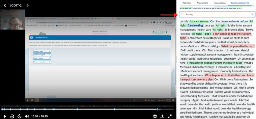 Userlytics Sentiment Analysis - Search functionality.