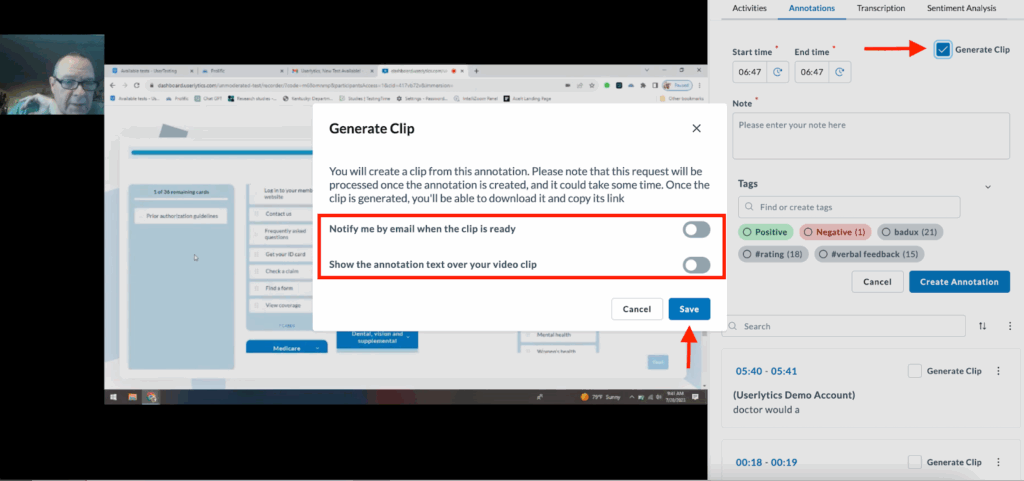 Userlytics - How to Create and Share Test Annotations - Generate clip