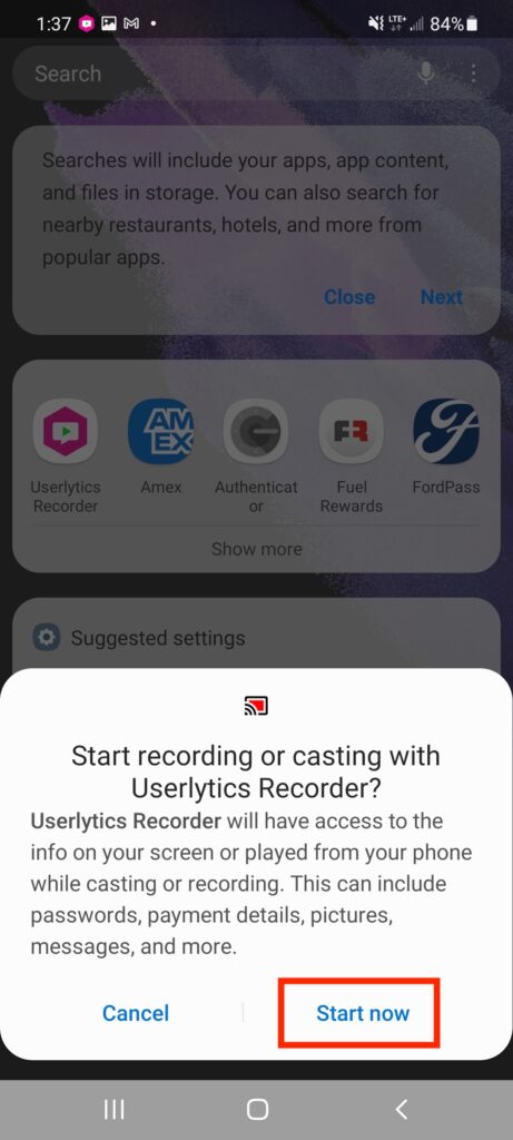 Launch a Userlytics Test on Android - Select Start Now