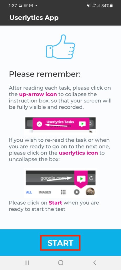 Launch a Userlytics Test on Android - start test
