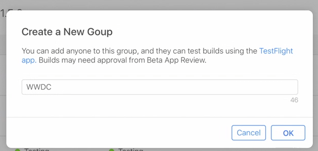 Create a new group on App Store Connect
