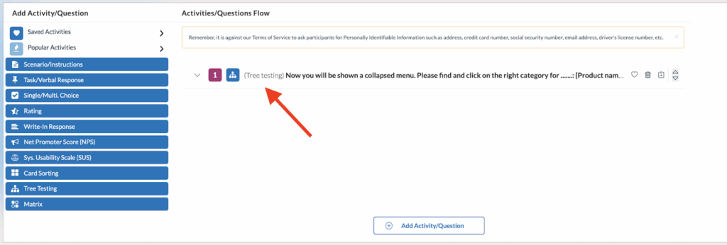 Userlytics Tree Testing - Select tree testing from the task choices