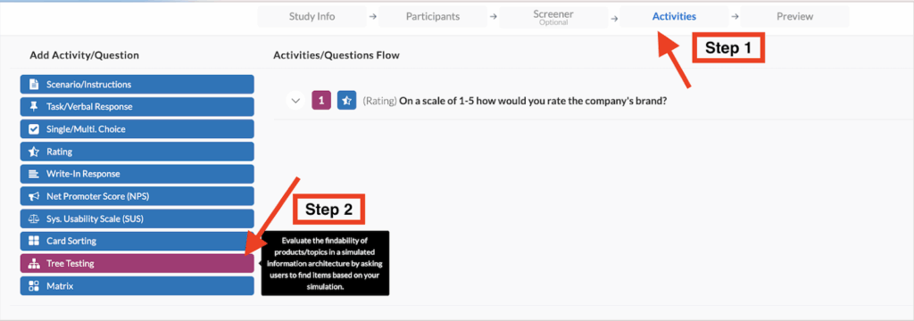 Userlytics Tree Testing - Activities tab