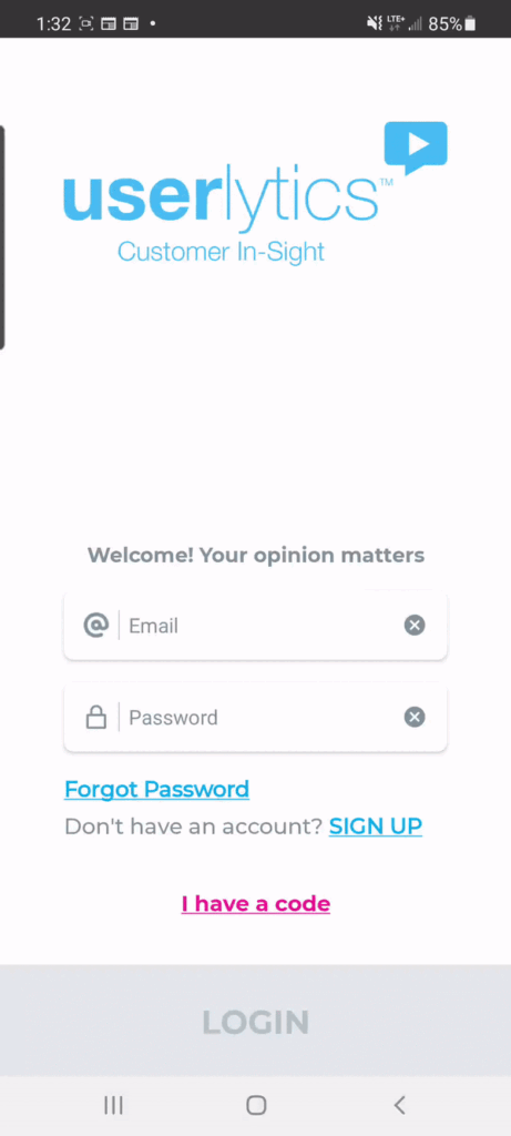 Launch a Userlytics Test on Android - enter your test code.