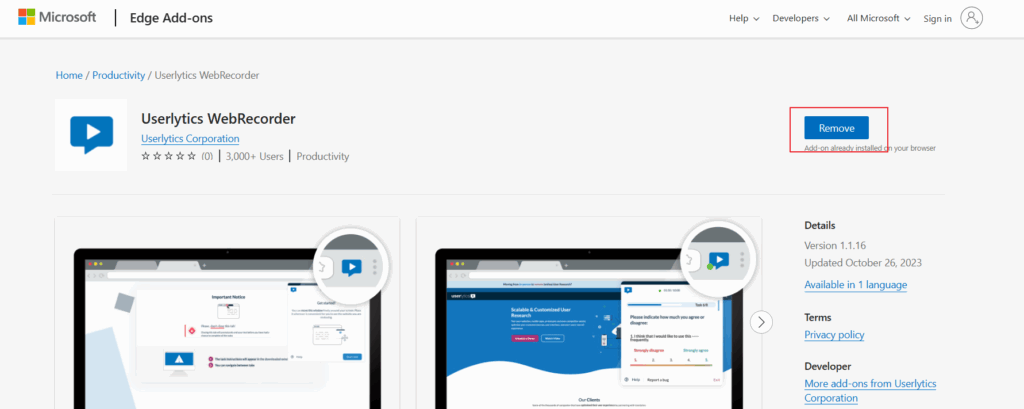 Re-installing Userlytics Web Extension - Remove from Microsoft Edge