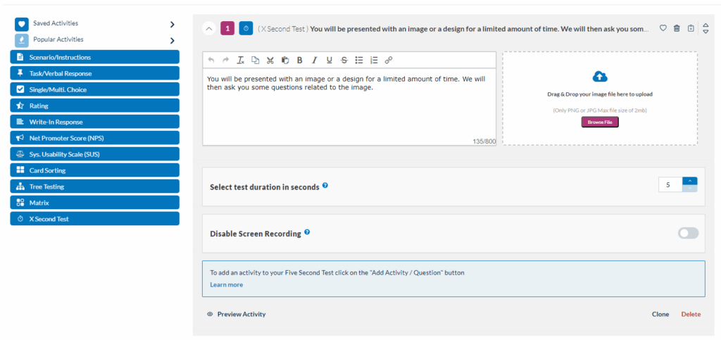 Userlytics Study Builder - Select test duration for X-second test