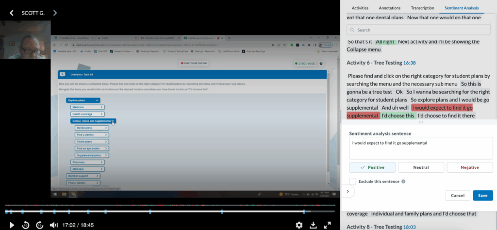 Userlytics Sentiment Analysis - edit to reassign a new sentiment mark.