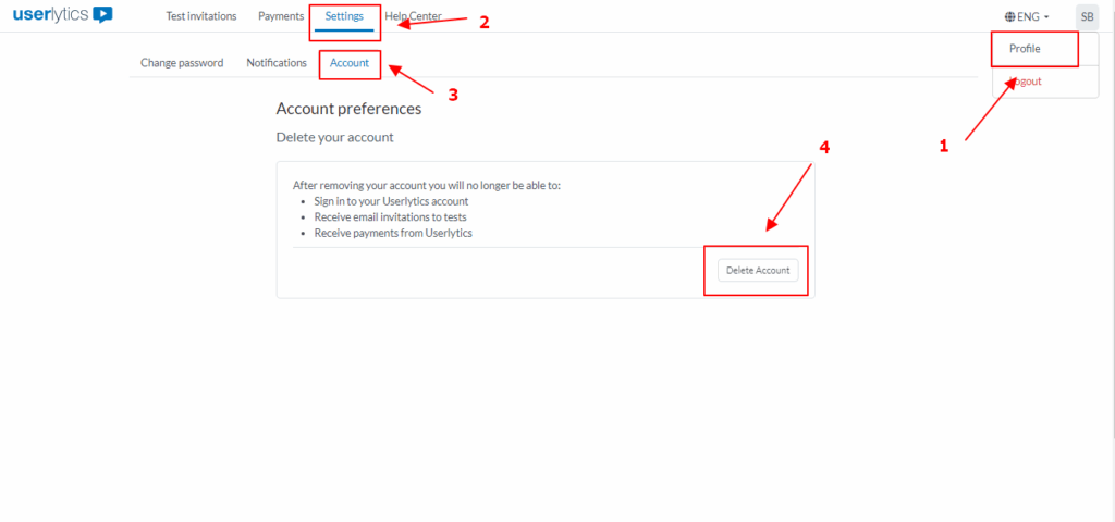 Userlytics Unsubscribe or delete account - Delete Account button