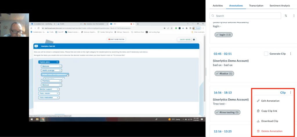 Userlytics - How to Create and Share Test Annotations - three dot menu next to "Clip"