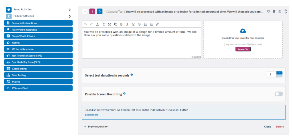 Userlytics X-Second Test - select test duration