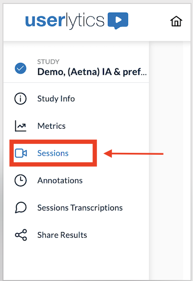 Userlytics Sentiment Analysis - Click on Sessions Option.