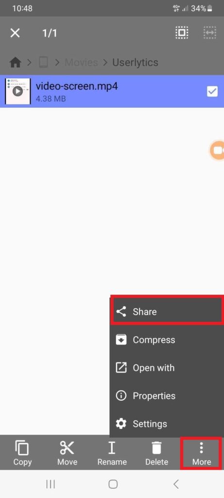 Recover files in Android - Select and share the video file.