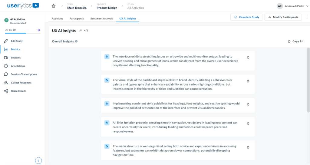 Userlytics UX AI Insights dashboard showing automatically generated insights from usability test data. The section titled Overall Insights lists five AI-generated observations about interface design and usability, including layout stretching on multi-monitor setups, style consistency, visual hierarchy, loading performance, and menu structure efficiency. Each insight card includes a small blue AI icon and a copy button for easy sharing.