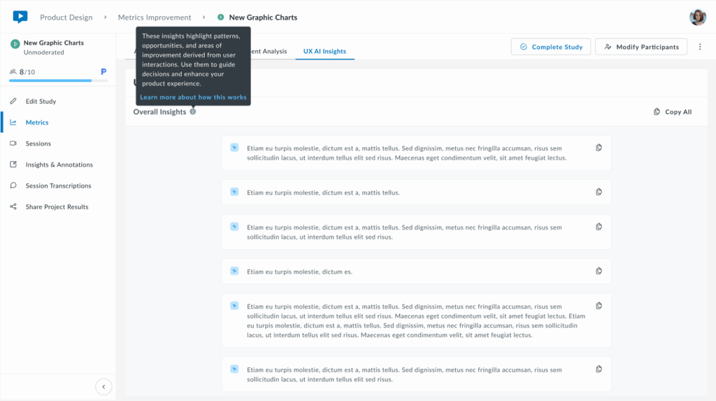 Userlytics UX AI Insights dashboard with a tooltip explaining the feature. The tooltip reads: “These insights highlight patterns, opportunities, and areas of improvement derived from user interactions. Use them to guide decisions and enhance your product experience.” It also includes a link labeled “Learn more about how this works.” Below, the Overall Insights section displays several AI-generated insight