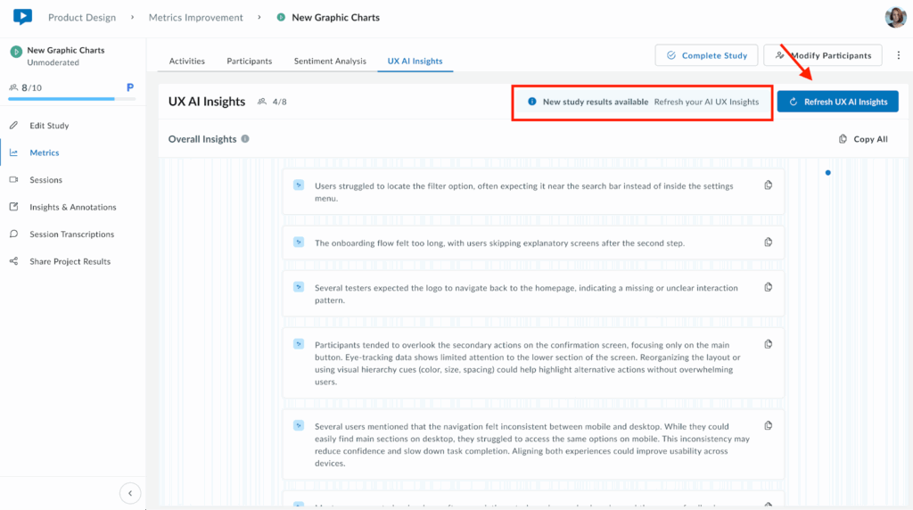Screenshot of the Userlytics platform showing the “UX AI Insights” tab with usability feedback cards. A notification banner and button indicate new study results are available with the option to refresh AI UX insights.