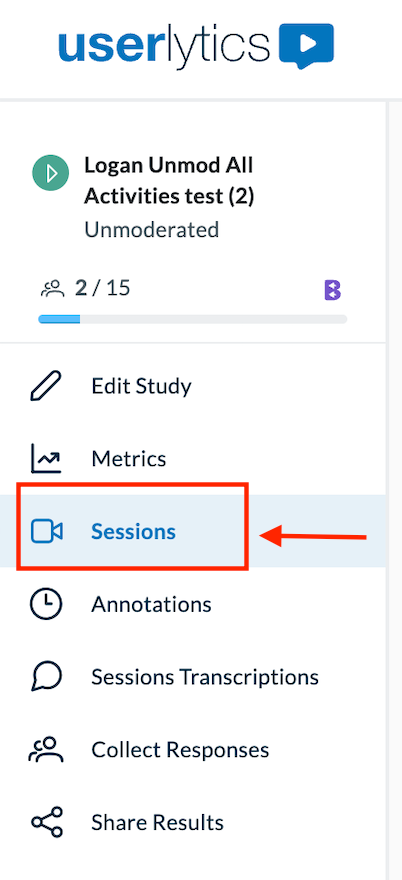 Userlytics dashboard showing a study menu with the “Sessions” tab highlighted by a red box and arrow.